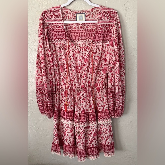 Alicia Bell Floral Beaded Tassel Tie VNeck Ruffle Ari Mini Dress Red Pink EUC - Picture 2 of 16